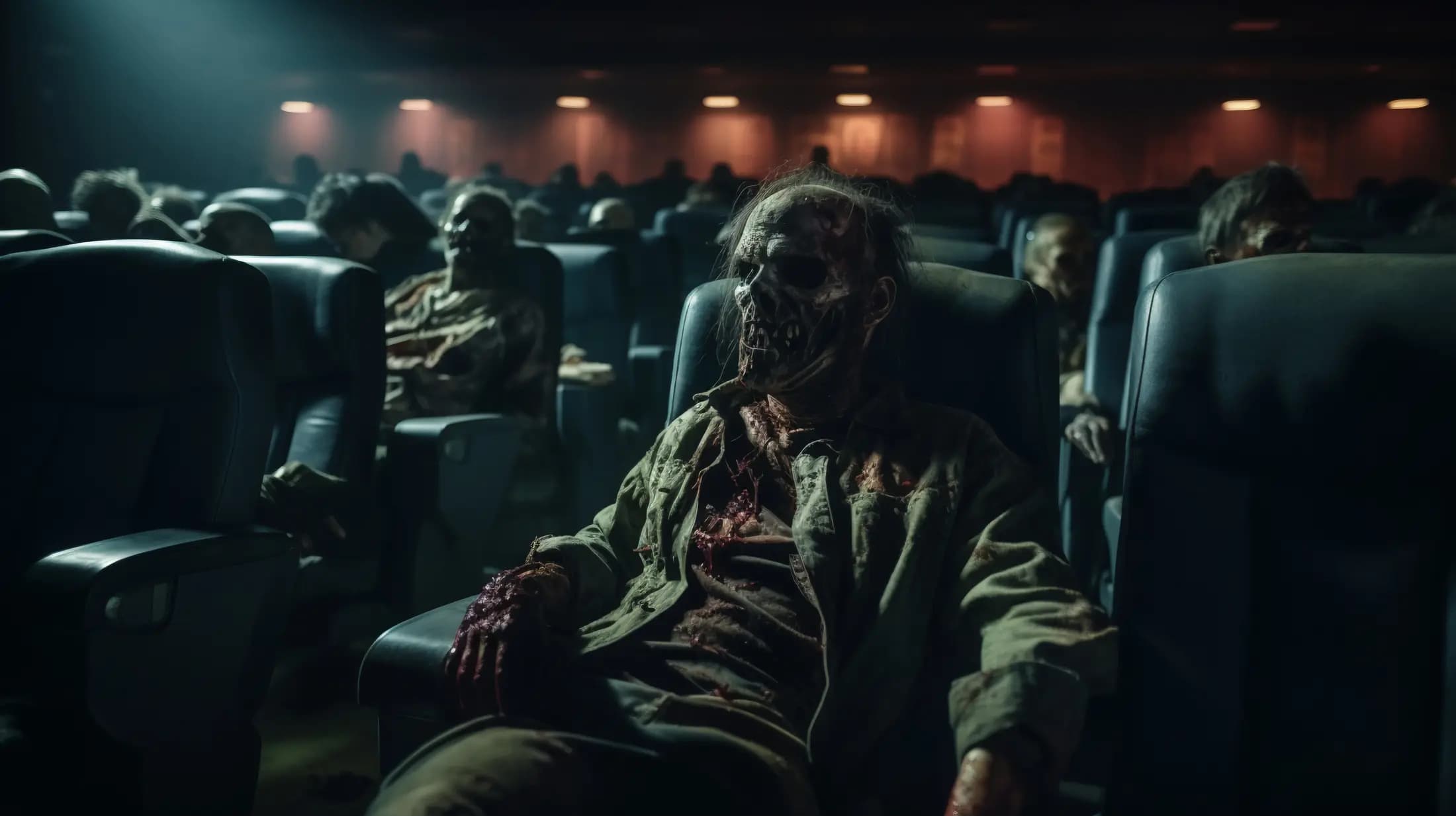 Loş sinema salonunda perdeye bakan çürümüş bir figür